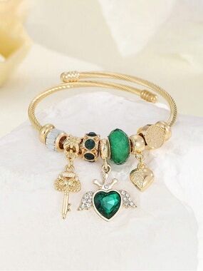 NEW Stainless Steel Gold Charm Bangle Bracelet | Green Heart Key Luxury